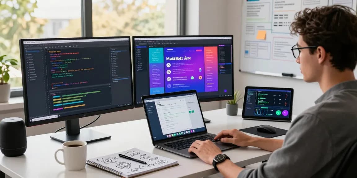 MoltBot AI empowers developers in a modern workspace by automating tasks, showcased through vibrant coding activity and innovative tech tools.