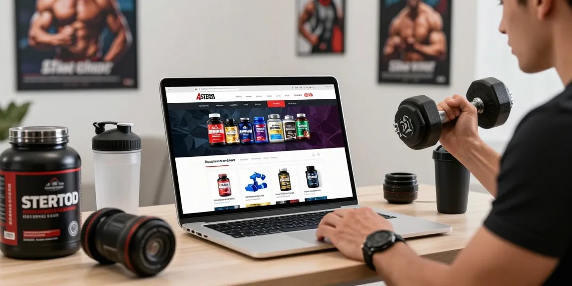 Astera Steroid Shop featuring a fitness enthusiast browsing anabolic steroids online while holding dumbbells.