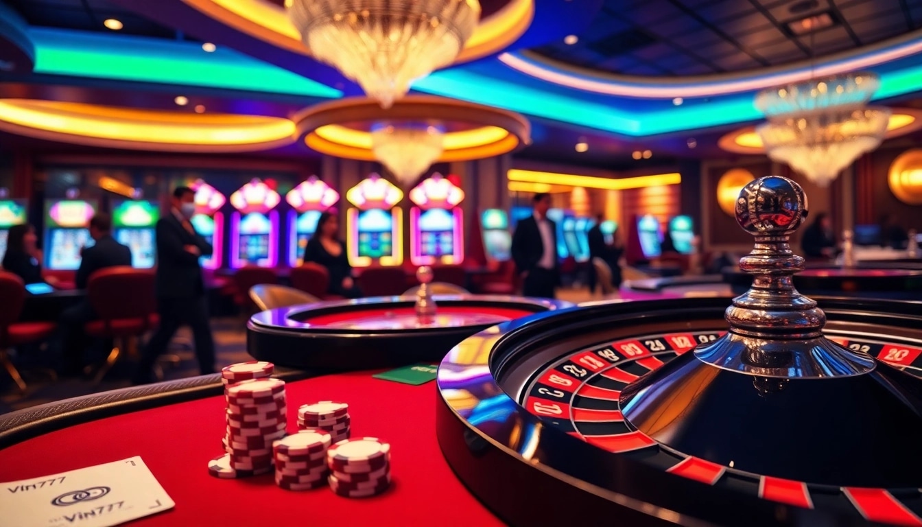 Experience the thrill of Vin777 at a lively casino table with vibrant slot machines and poker chips.