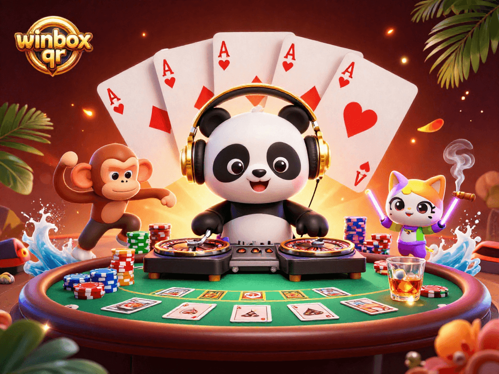 Engage with winbox qr in a vibrant casino scene featuring a DJ panda and poker action.