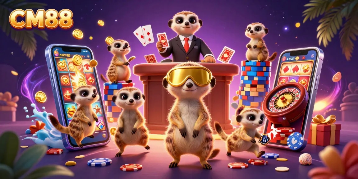 Bet and win at CM88's lively casino with meerkats, spinning slot reels, and exciting game elements.