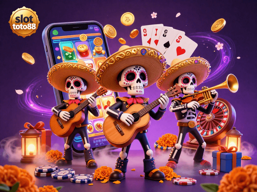 Engage in thrilling slot toto88 action with a festive mariachi band, golden coins, and a vibrant 3D game backdrop.