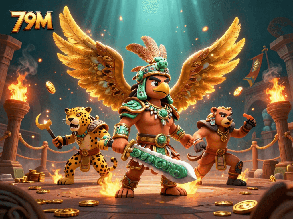 Aposte com 79M em uma cena de cassino vibrante com guerreiros aztecas e elementos de aposta.