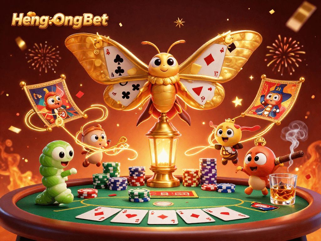 HengOngBet showcases vibrant 3D casino illustration filled with poker excitement and golden moth elements.
