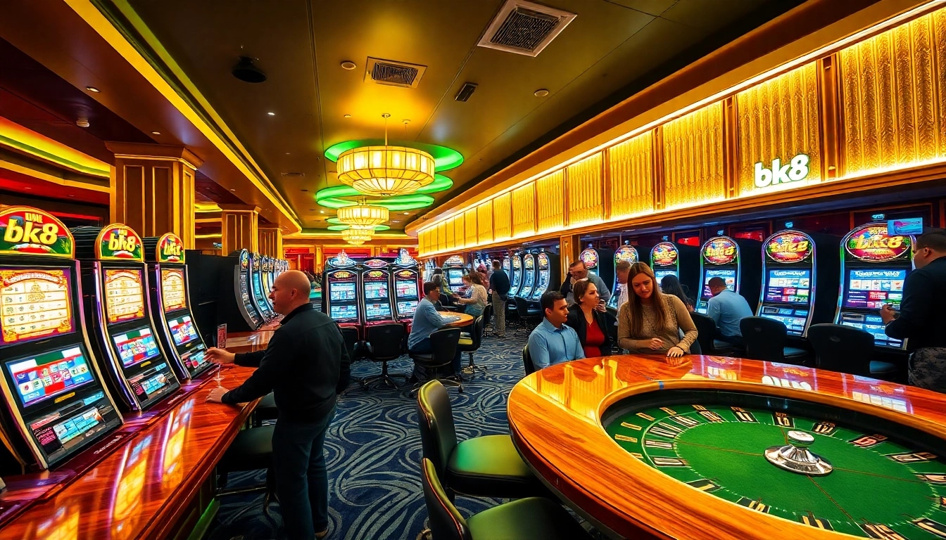 Experience thrilling bk8 สล็อต action with colorful slot machines and enthusiastic players in a glamorous casino setting.