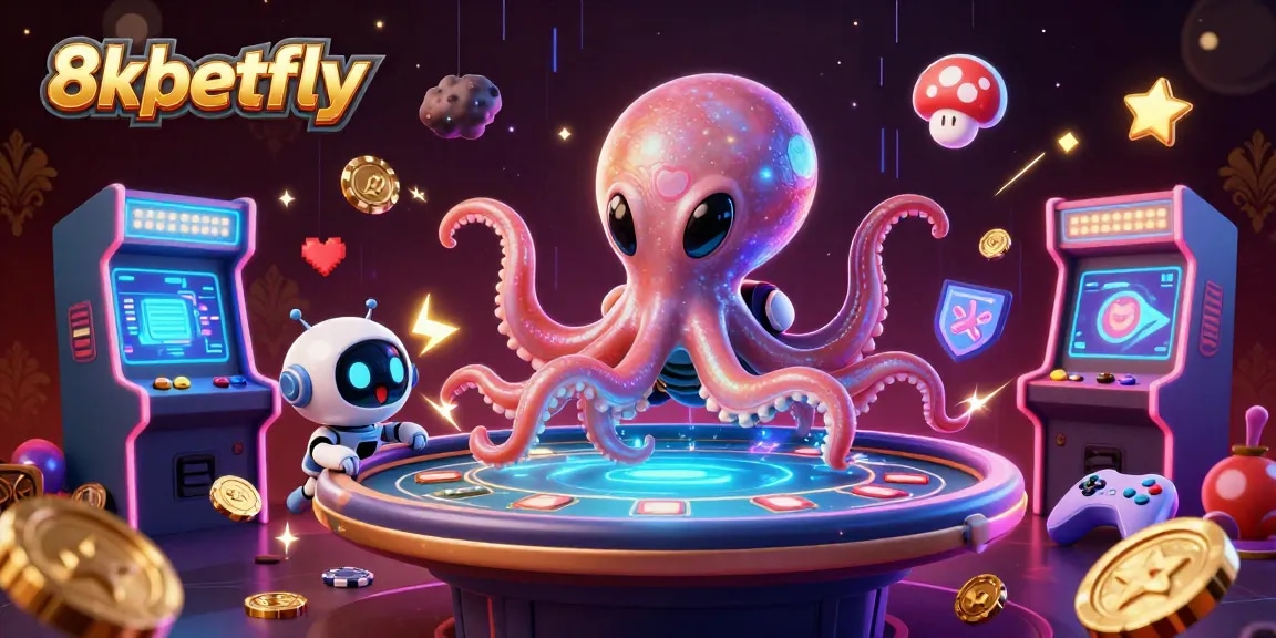 A colorful illustration of 8xbetfly featuring an alien octopus at a holographic poker table with vibrant casino elements.