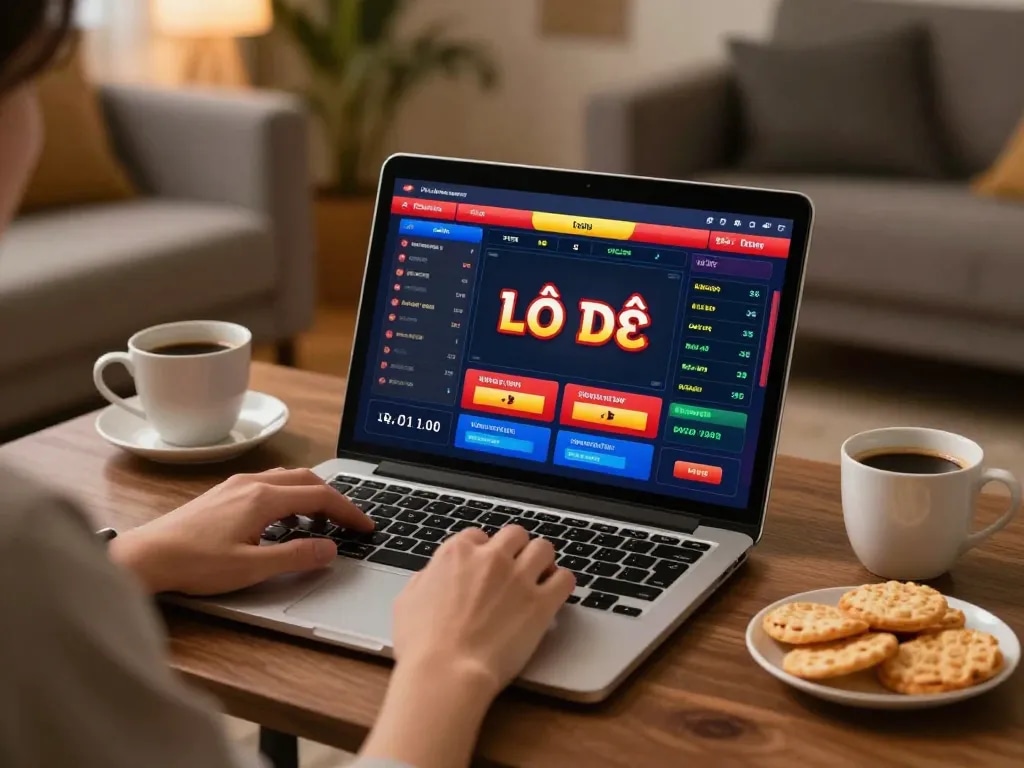 Lô đề online gaming session with a player engaged on a laptop, creating a cozy atmosphere.