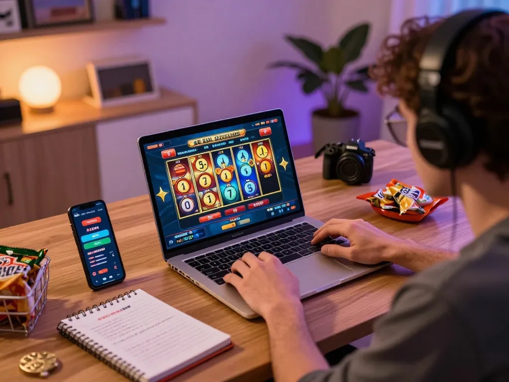 Orang yang terlibat dalam permainan slot online di laptop, menunjukkan antarmuka permainan yang cerah dan elemen strategis.