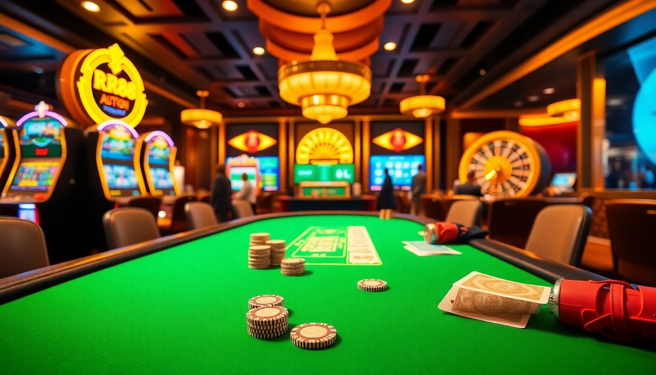 Engaging players at the RR88 Auction table surrounded by vibrant casino visuals and excitement.