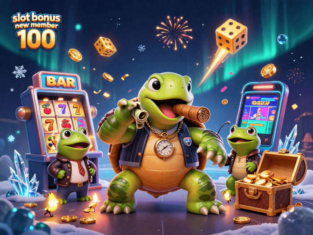 Engage the excitement with slot bonus new member 100 at our vibrant casino illustration, featuring a turtle mobster and frog enforcers.