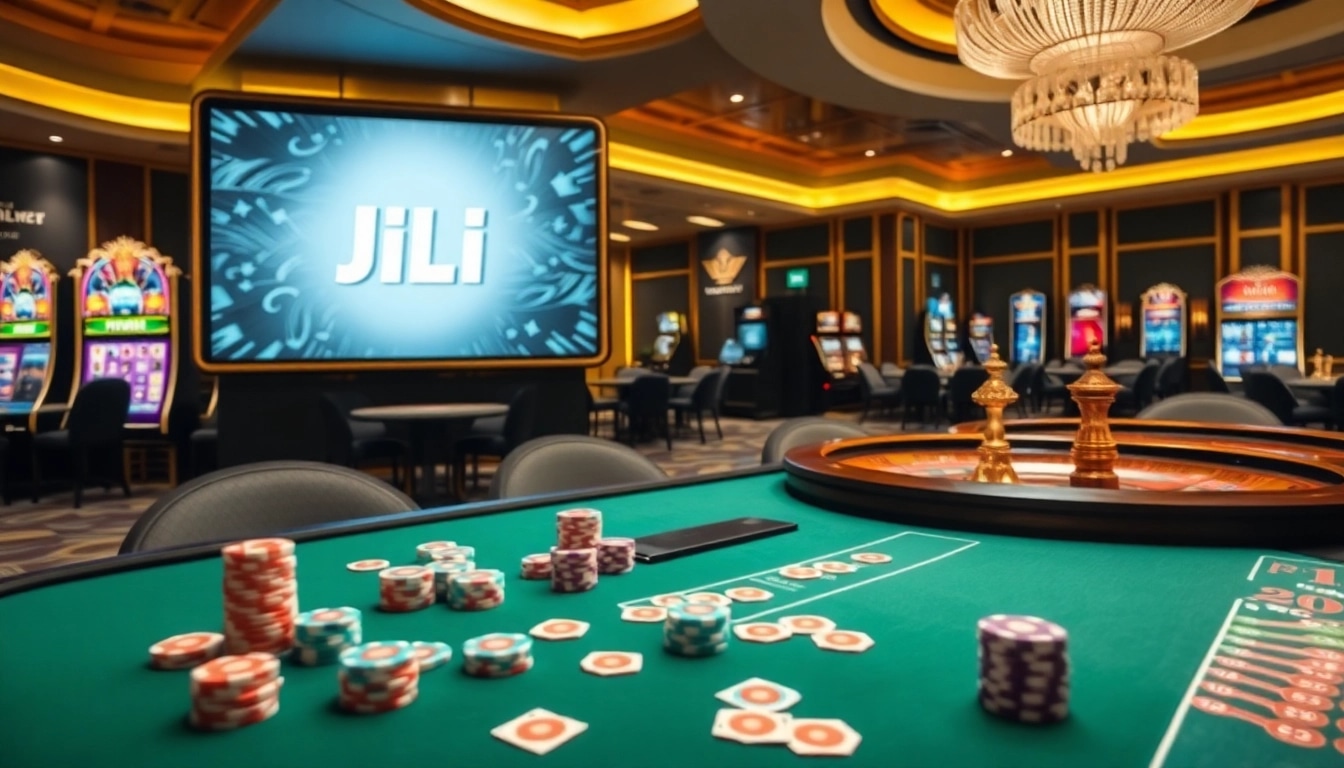 Players enjoying JILI gaming with vibrant slot machines and casino tables.