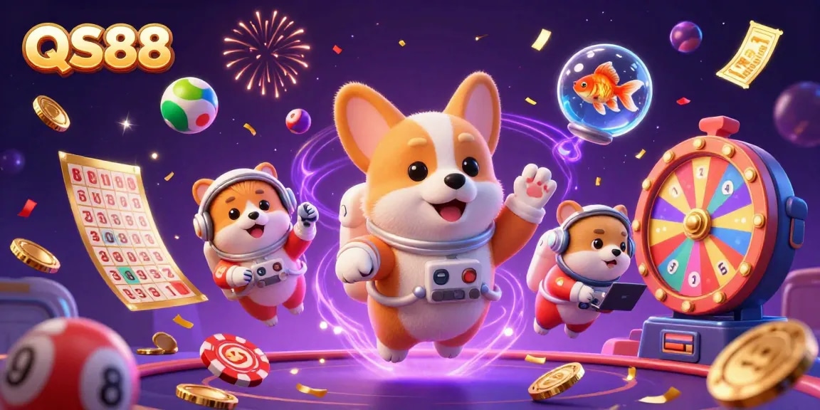 Experience the thrill of QS88 casino with dynamic floating characters and colorful lottery elements.