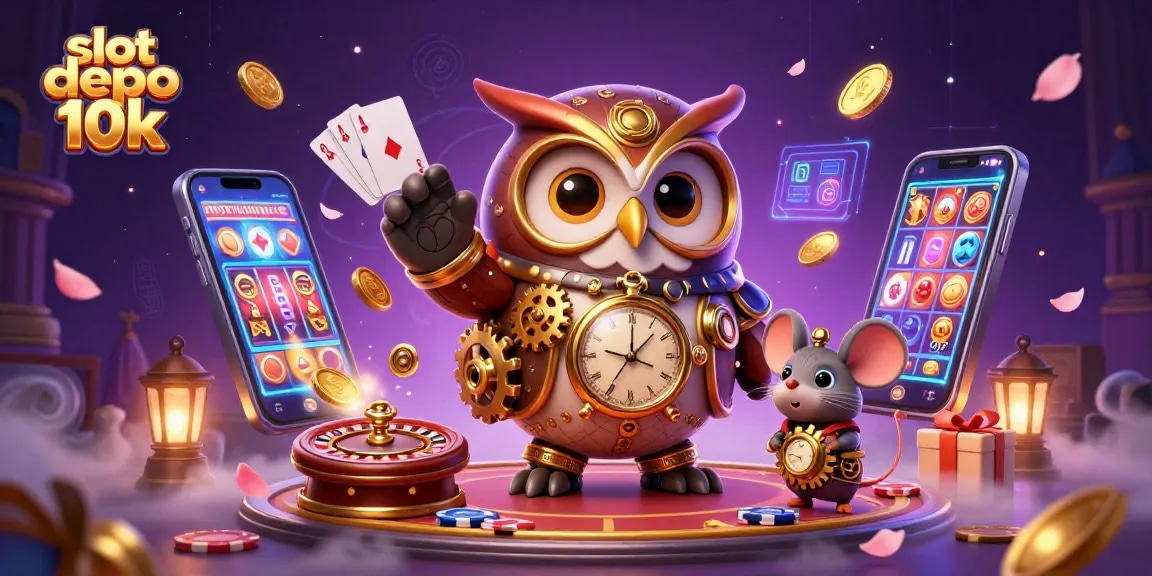 Spin to win at slot depo 10k with a whimsical owl and vibrant casino elements.