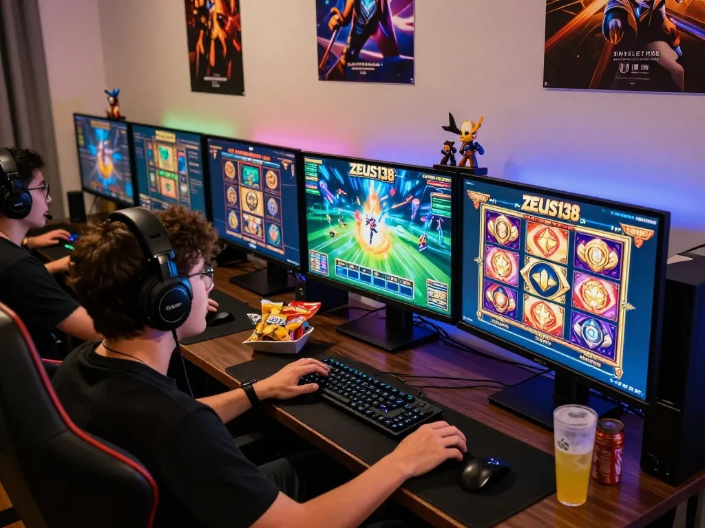 Immerse in Zeus138 online slot gaming with vibrant graphics and an energetic setup.