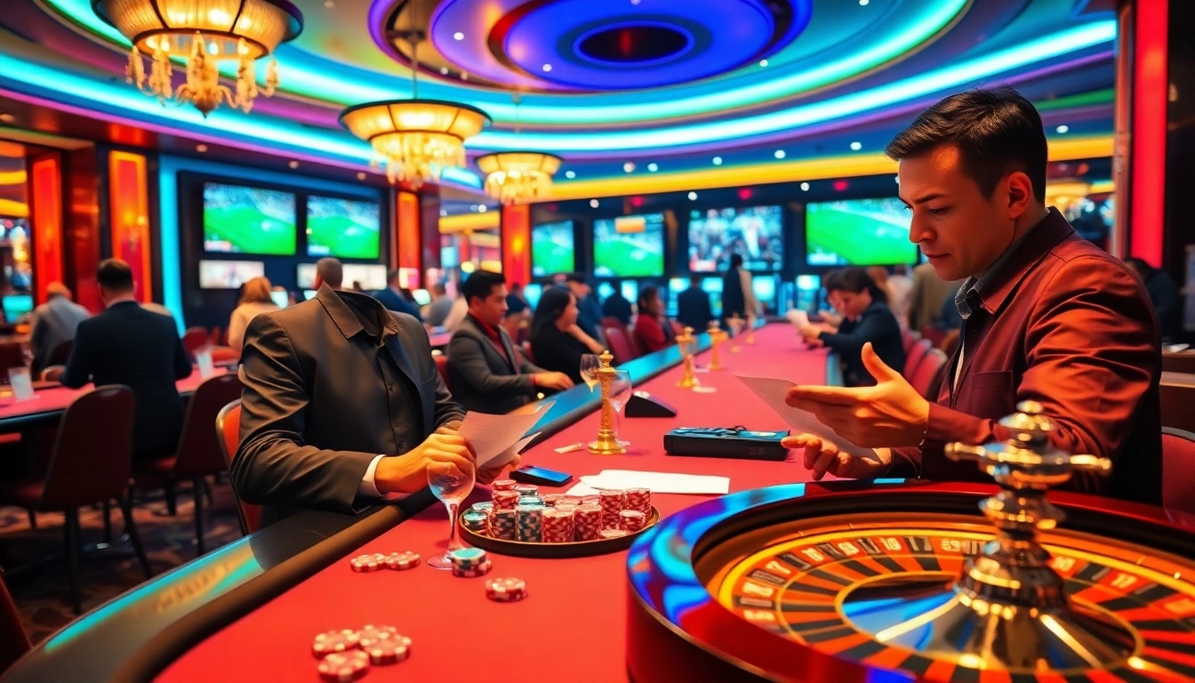 Mastering เทคนิคแทงบอล with a skillful player analyzing betting slips in a lively casino environment.