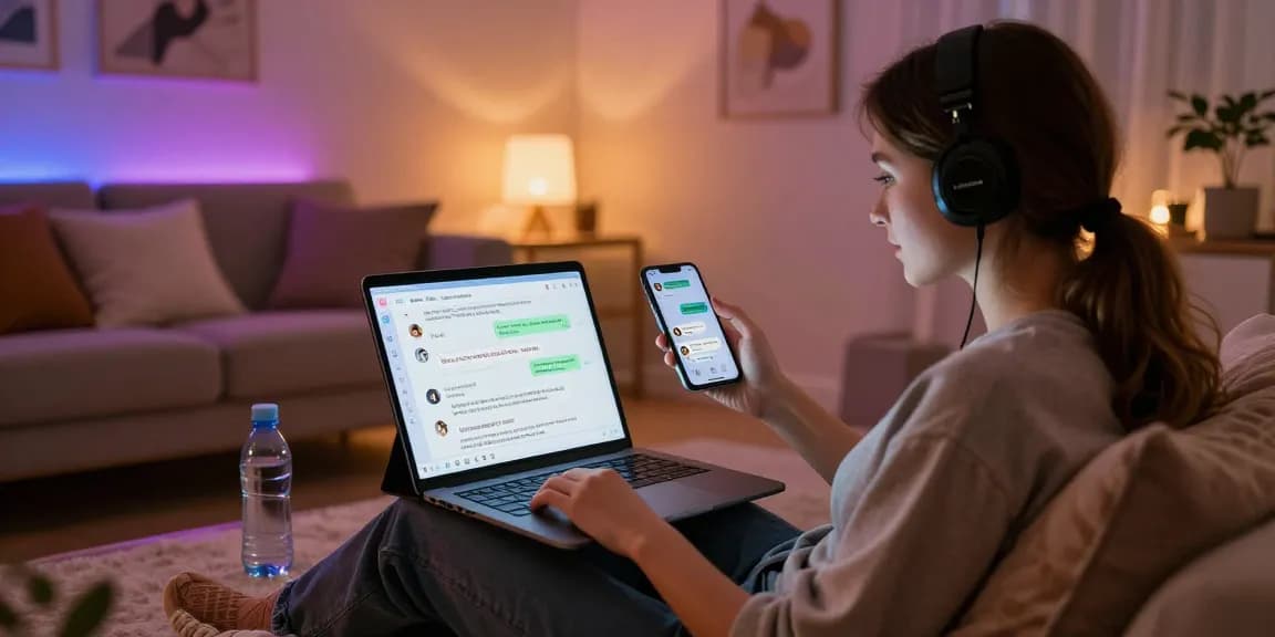 User enjoying a playful chat with an NSFW chat bot on a tablet in a cozy, ambient-lit room.