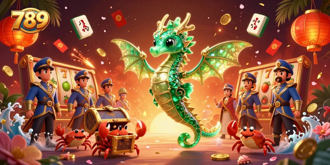 Experience the thrill of 789 as the sea dragon majestically guards treasures with vibrant casino symbols.