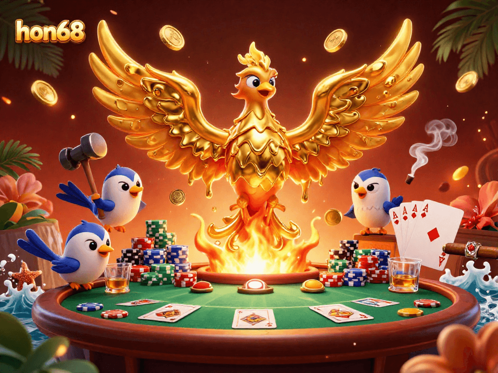 Engage with the dynamic world of hon68, featuring gold phoenix and poker elements illustrating thrilling casino action.