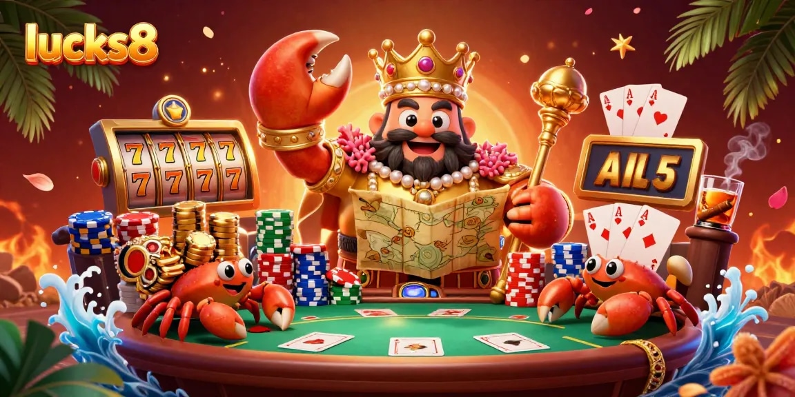 Spin the reels with lucks8's vibrant 3D casino scene featuring a golden crab emperor and treasure-filled fun!