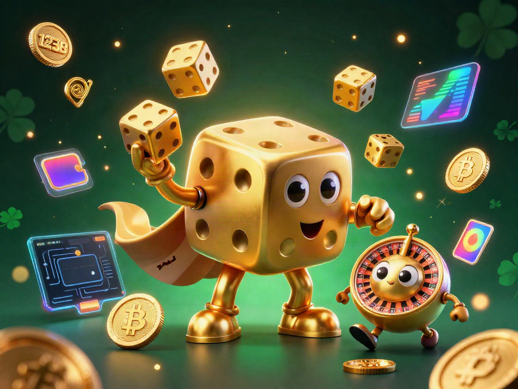 Engaging scene of a golden dice golem and friends symbolizing 123B casino excitement and winnings