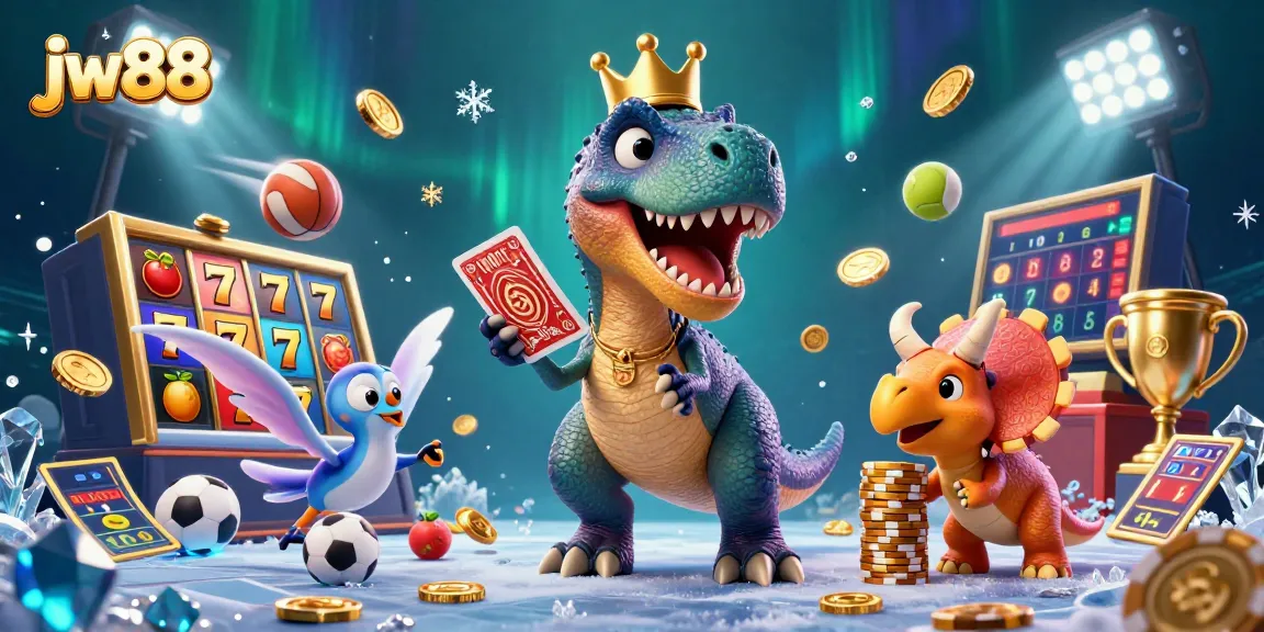 Engage in exciting casino action with jw88 as a T-Rex shuffles cards and wins big!