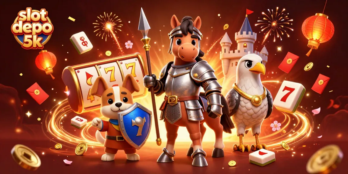 Experience the excitement of slot depo 5k with captivating visuals of knights, lucky symbols, and festive elements.