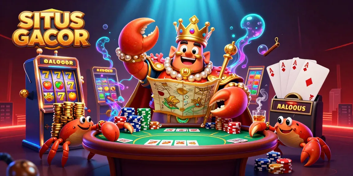 SITUS GACOR showcases a vibrant, dynamic scene with a golden crab emperor and gaming elements, embodying casino energy.