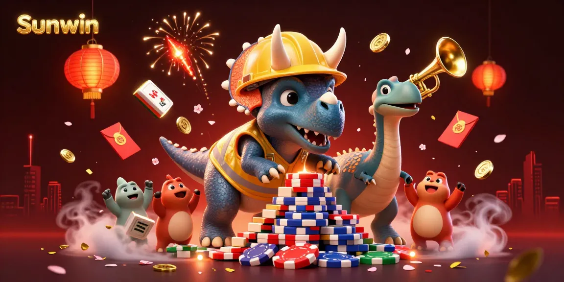 Experience a vibrant celebration at Sunwin with a triceratops building poker chips among festive elements.