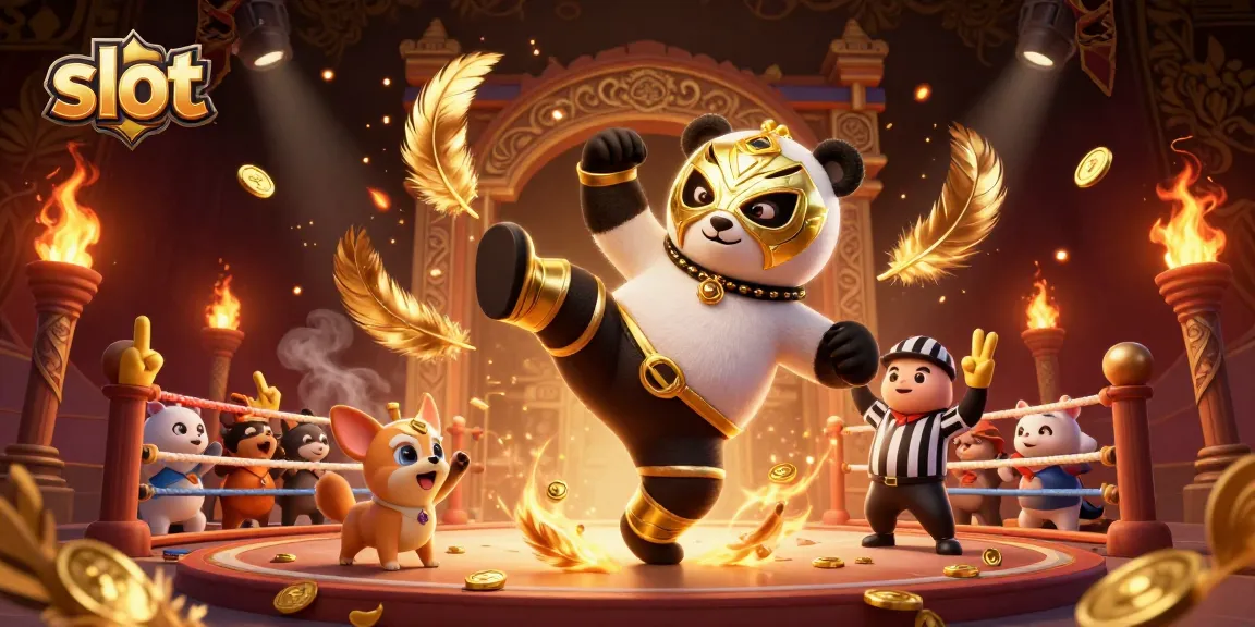 Experience excitement with slot games featuring a panda wrestler and cheering animal crowd.
