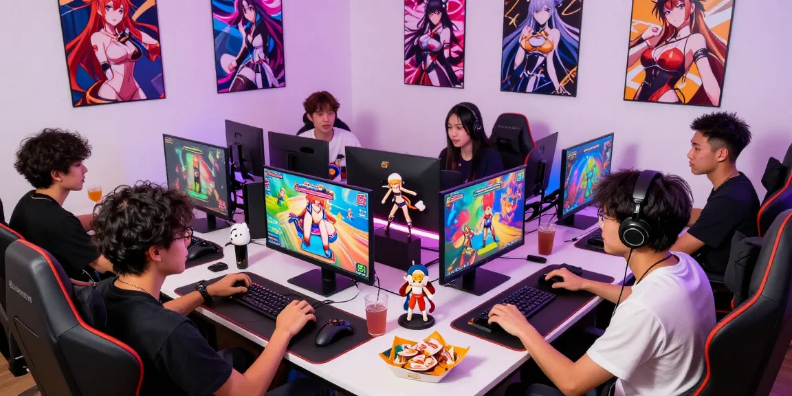 Engaged gamers discussing hentai game strategies while showcasing vibrant screens and collectibles.