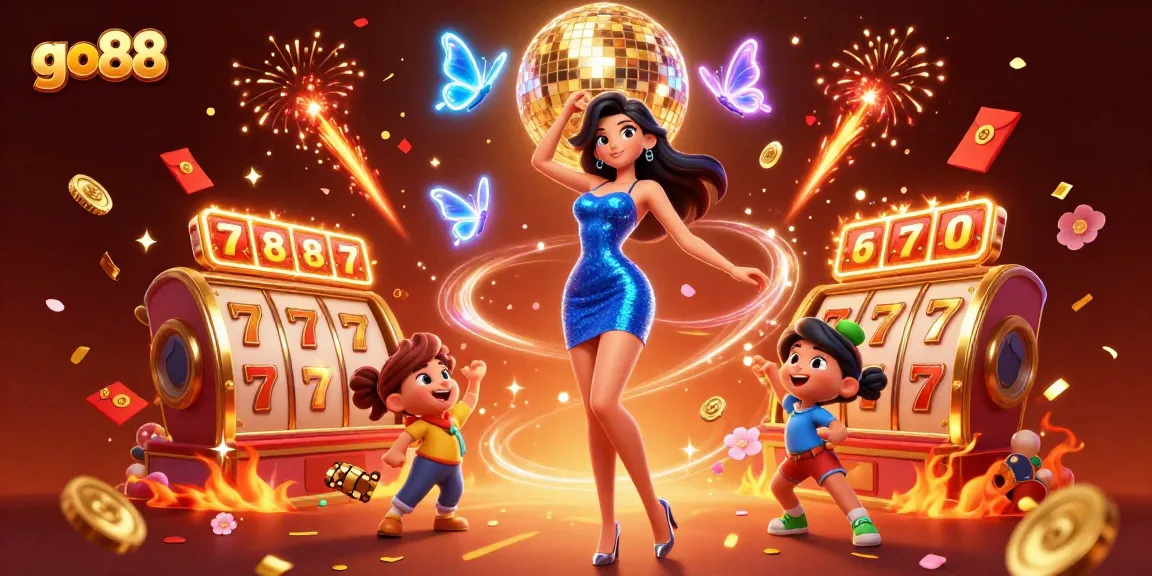 Join the excitement at go88 with a glamorous casino atmosphere filled with slot reels and vibrant confetti.