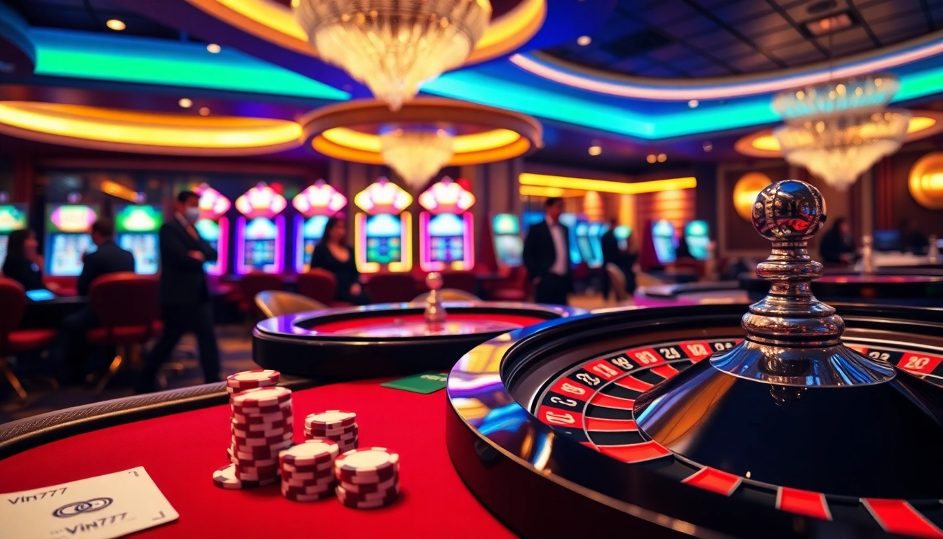 Experience the thrill of Vin777 at a lively casino table with vibrant slot machines and poker chips.