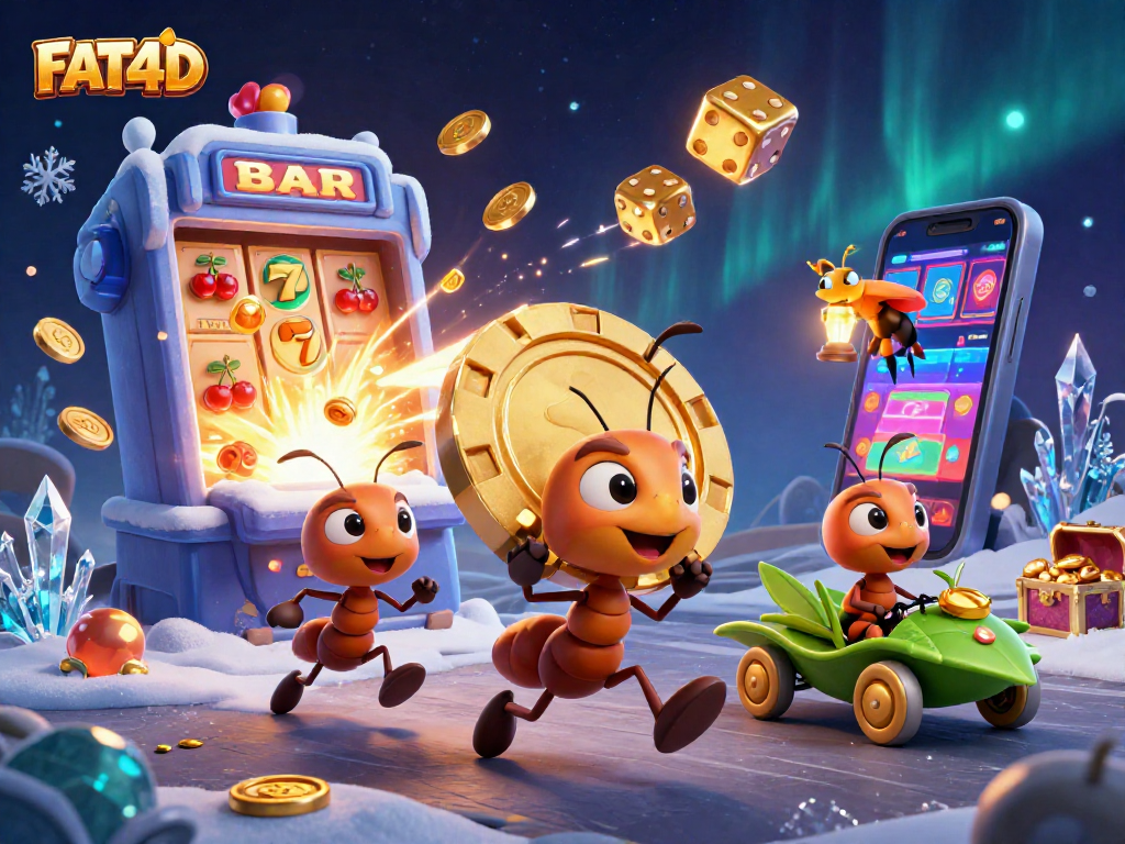 FAT4D brings the excitement with a cartoon heist scene showcasing playful ants and vibrant slot game elements.