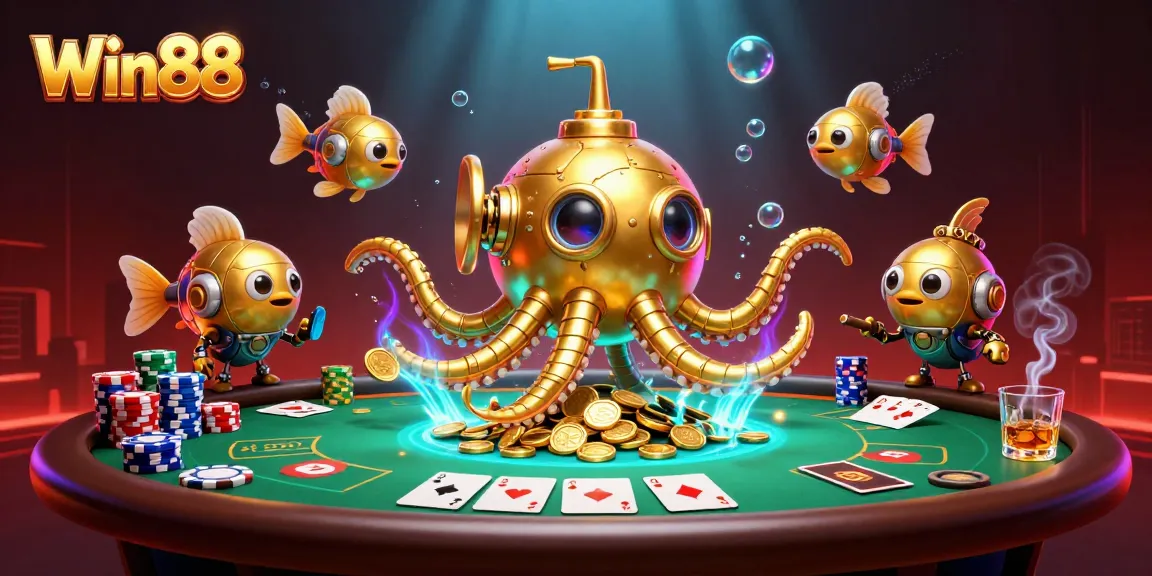 Experience the thrill of Win88 with a golden kraken submarine in a rich casino scene.
