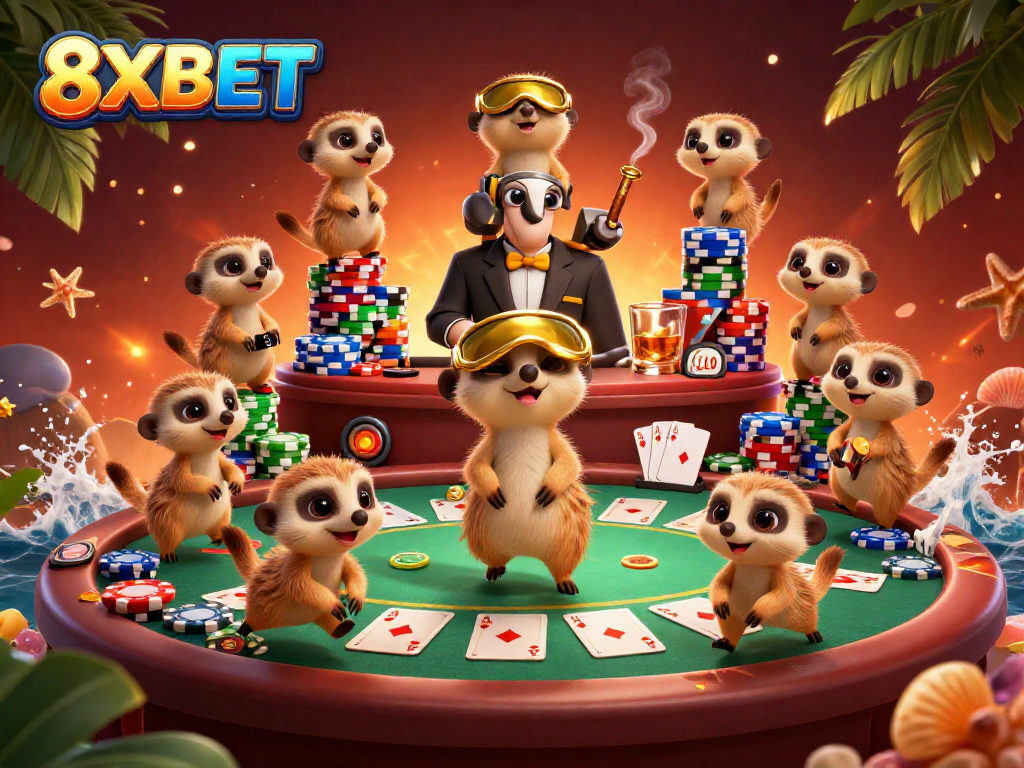 Experience the excitement of 8XBET casino with meerkats running a lively gaming operation amidst colorful poker elements.