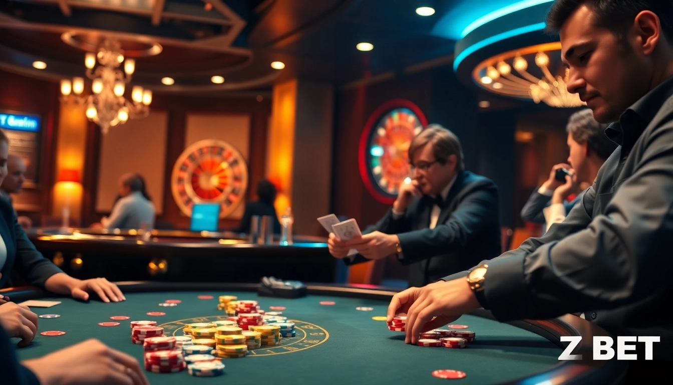 Experience the thrill of betting at Z BET with luxurious casino tables and engaged players.
