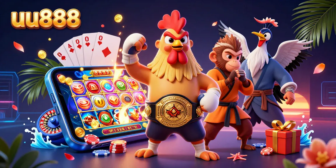 Engage in exciting games at uu888, featuring a vibrant 3D scene with dynamic casino elements.