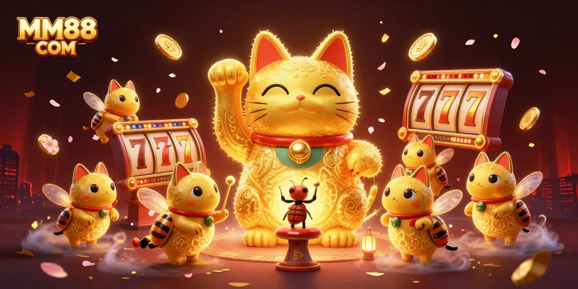 Experience excitement at MM88 COM with a vibrant scene of a lucky cat and casino symbols.