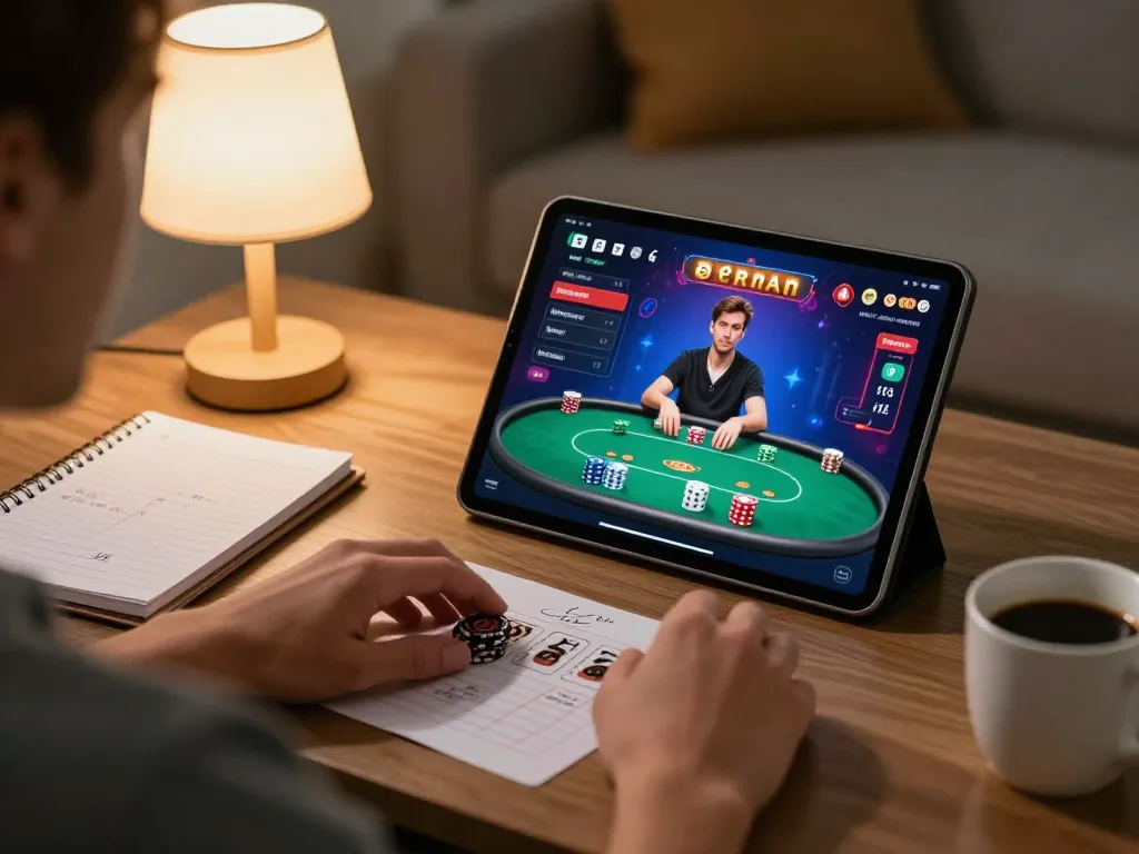 Player enjoying poker on king33 platform, showcasing strategic gameplay in a cozy home setting.