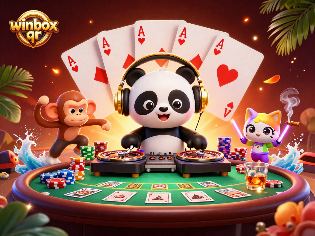 Engage with winbox qr in a vibrant casino scene featuring a DJ panda and poker action.