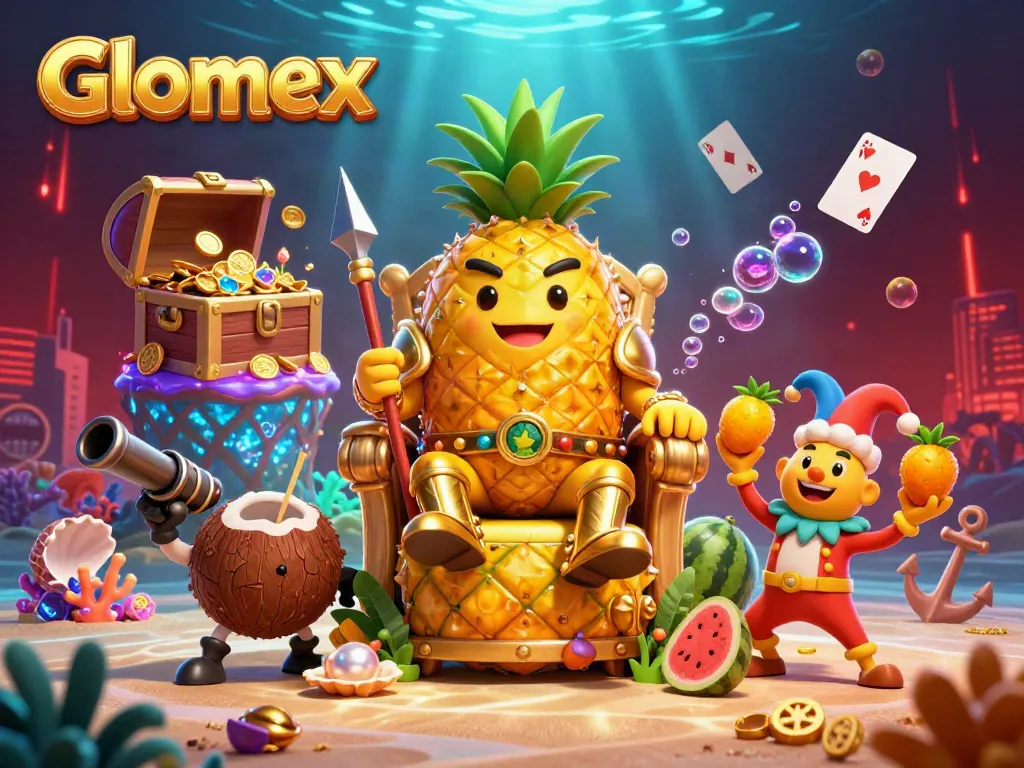Experience exciting gaming with Glomex’s golden pineapple king in a lively casino scene.