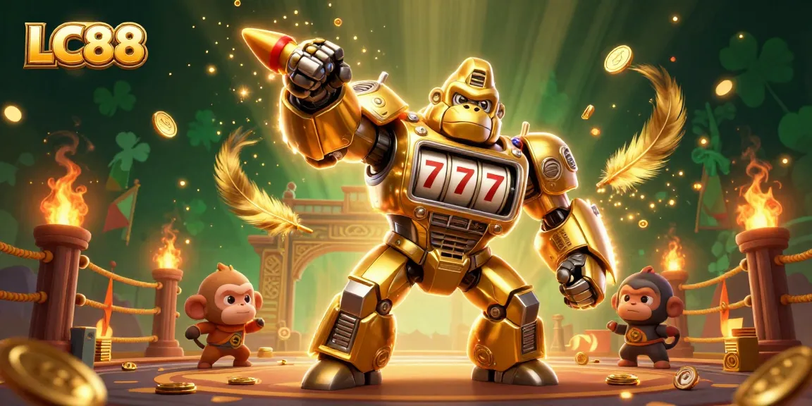 Join the thrilling excitement of LC88, featuring a golden gorilla mech in a dynamic casino scene.