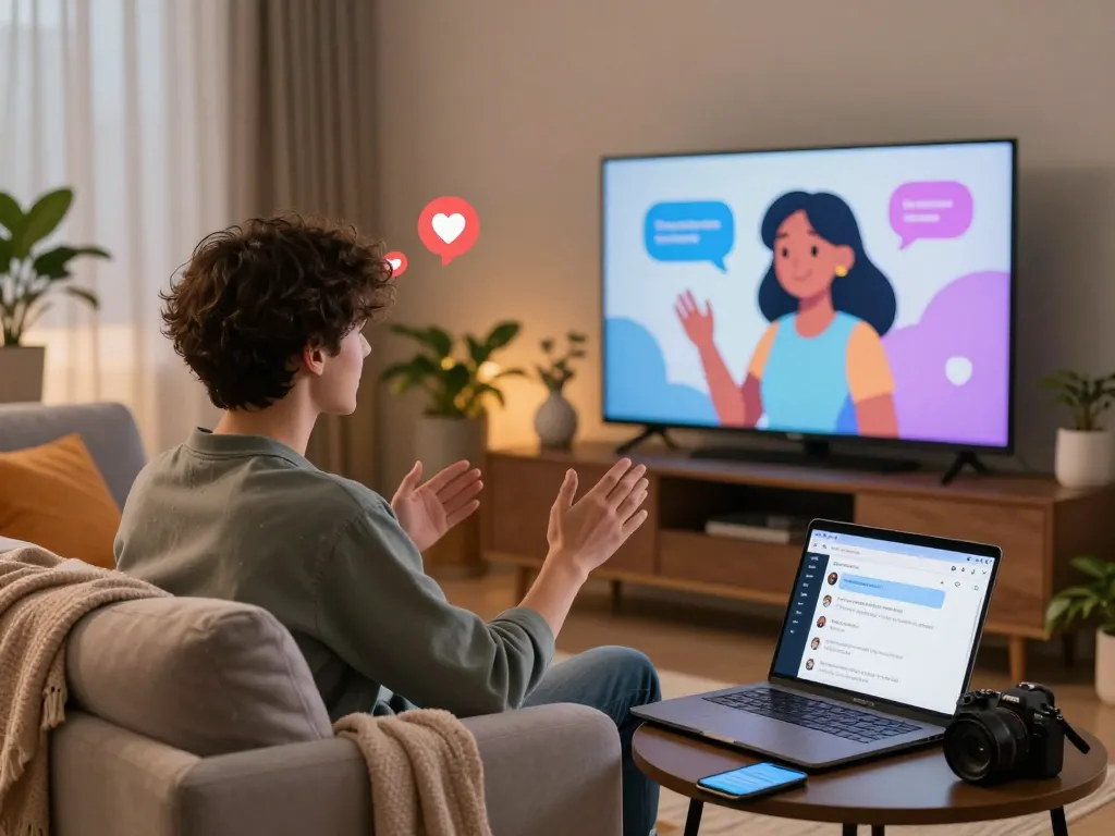 Experience free ai sex chat with a vibrant AI companion in a cozy digital living room setting.