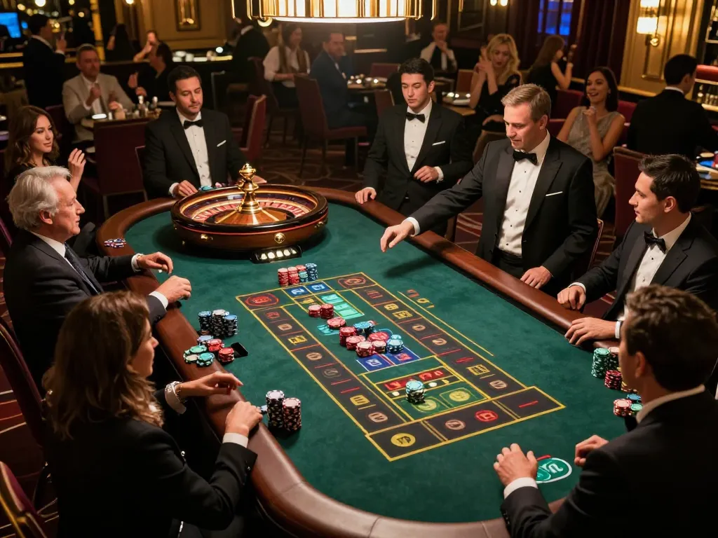 lc88 players placing bets at a lively roulette table in a luxurious casino atmosphere