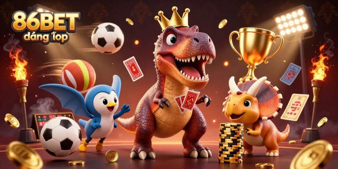 Engage with 86BET đăng nhập through an exciting illustration of a T-Rex shuffling cards amidst dynamic sports elements.