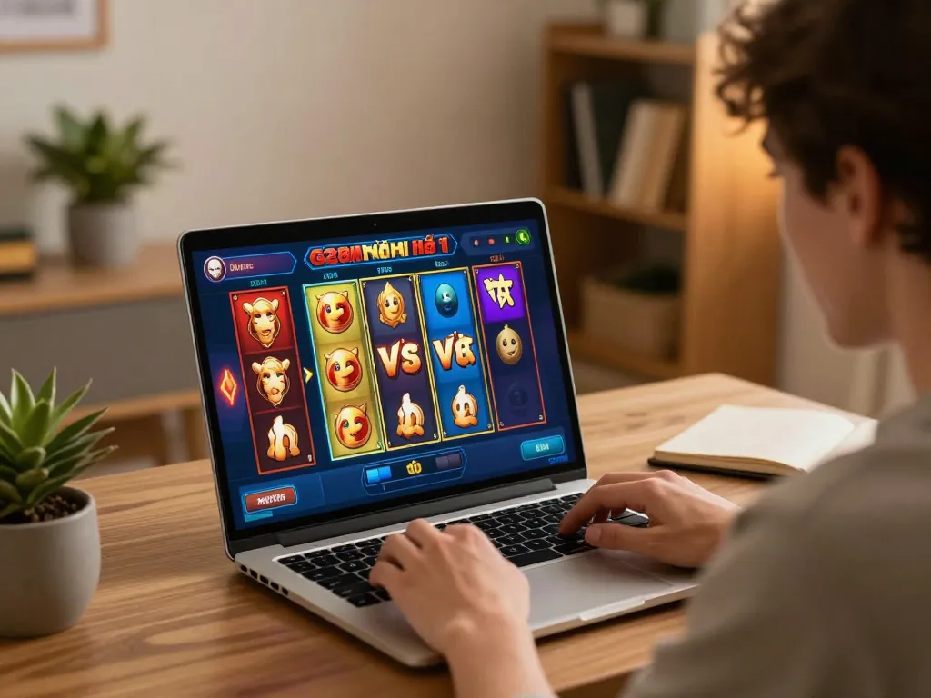 Engaging player enjoying g28 nổ hũ slot games on laptop in cozy home environment.