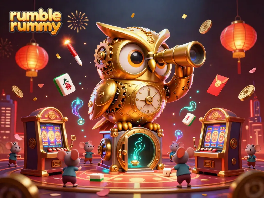 Experience the excitement of rumble rummy with a golden owl scanning a bustling casino floor.