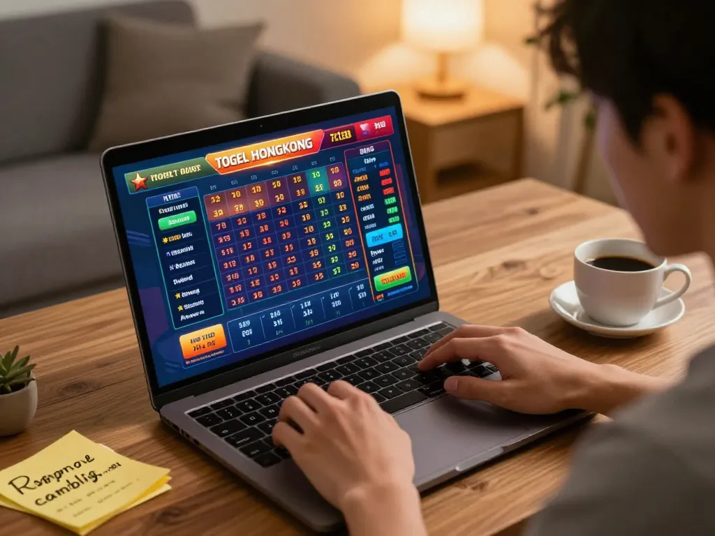 Togel Hongkong online gameplay with live results displayed on screen in cozy home environment.