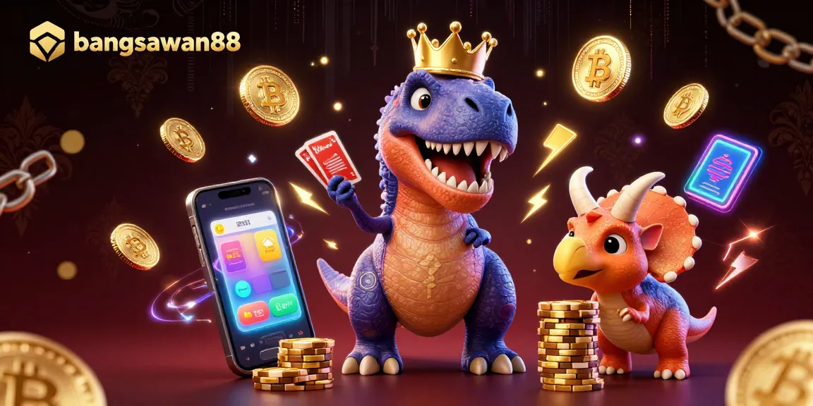 Bangsawan88 features a T-Rex shuffling cards with crypto coins and digital elements.