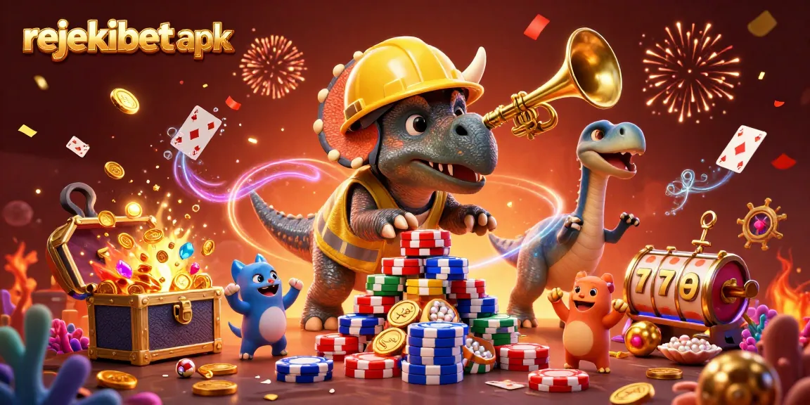 Engage with rejekibet apk's thrilling casino experience featuring colorful characters celebrating around a jackpot.